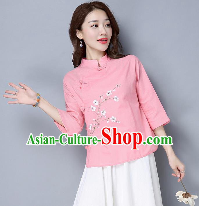 Traditional Chinese National Costume, Elegant Hanfu Pink Slant Opening Stand Collar Blouse, China Tang Suit Retro Plated Buttons Chirpaur Blouse Cheong-sam Upper Outer Garment Qipao Shirts Clothing for Women