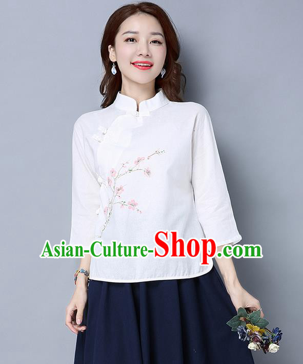 Traditional Chinese National Costume, Elegant Hanfu White Slant Opening Stand Collar Blouse, China Tang Suit Retro Plated Buttons Chirpaur Blouse Cheong-sam Upper Outer Garment Qipao Shirts Clothing for Women