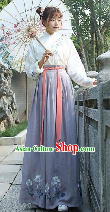 Traditional Ancient Chinese Young Lady Costume Embroidered Blouse and Grey Slip Skirt Complete Set, Elegant Hanfu Suits Clothing Chinese Ming Dynasty Imperial Princess Dress Clothing for Women