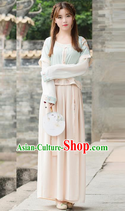 Traditional Ancient Chinese Young Lady Costume Embroidered Half-Sleeves Blouse and Slip Skirt, Elegant Hanfu Suits Clothing Chinese Ming Dynasty Imperial Princess Dress Clothing for Women