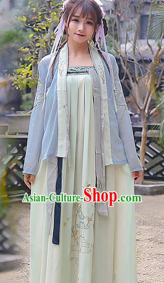 Traditional Ancient Chinese Costume, Elegant Hanfu Clothing Embroidered Slant Opening Blue Blouse and Slip Dress, China Tang Dynasty Princess Elegant Blouse and Skirt Complete Set for Women