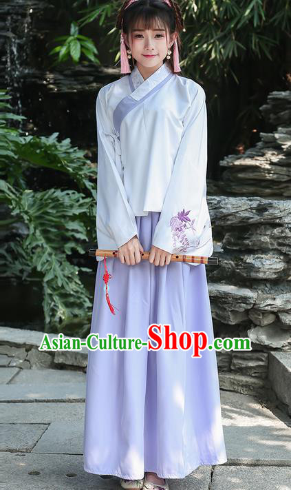 Traditional Ancient Chinese Costume, Elegant Hanfu Clothing Embroidered Slant Opening Blouse and Dress, China Ming Dynasty Princess Elegant Blouse and Slip Skirt Complete Set for Women