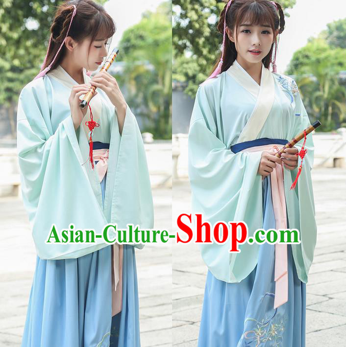 Traditional Ancient Chinese Young Lady Costume Embroidered Wide Sleeve Cardigan Blouse Belt and Slip Skirt Complete Set, Elegant Hanfu Suits Clothing Chinese Tang Dynasty Imperial Princess Dress Clothing for Women