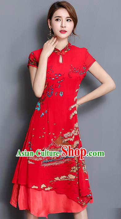 Traditional Ancient Chinese National Costume, Elegant Hanfu Mandarin Qipao Printing Red Dress, China Tang Suit Chirpaur Republic of China Cheongsam Upper Outer Garment Elegant Dress Clothing for Women