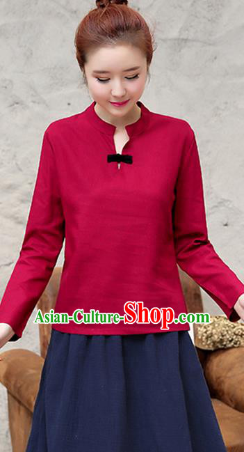 Traditional Chinese National Costume, Elegant Hanfu Stand Collar Red T-Shirt, China Tang Suit Republic of China Plated Buttons Chirpaur Blouse Cheong-sam Upper Outer Garment Qipao Shirts Clothing for Women