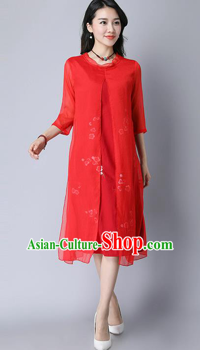 Traditional Ancient Chinese National Costume, Elegant Hanfu Mandarin Qipao Plated Buttons Cheongsam Print Peach Blossom Red Dress, China Tang Suit Upper Outer Garment Elegant Dress Clothing for Women