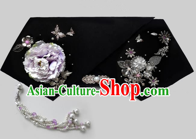 Traditional Ancient Chinese Hair Jewellery Accessories, Chinese Qing Dynasty Manchu Palace Lady Headwear Zhen Huan Big La fin Flowers Beads Pendant Headpiece, Chinese Mandarin Imperial Concubine Flag Head Hat Decoration Accessories for Women