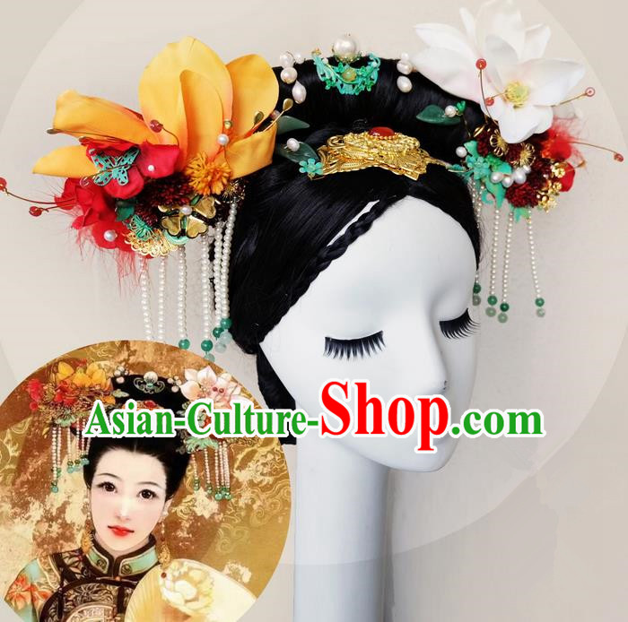 Traditional Ancient Chinese Hair Jewellery Accessories, Chinese Qing Dynasty Manchu Palace Lady Headwear and Wigs Zhen Huan Big La fin Headpiece, Chinese Mandarin Imperial Concubine Flag Head Hat Decoration Accessories for Women