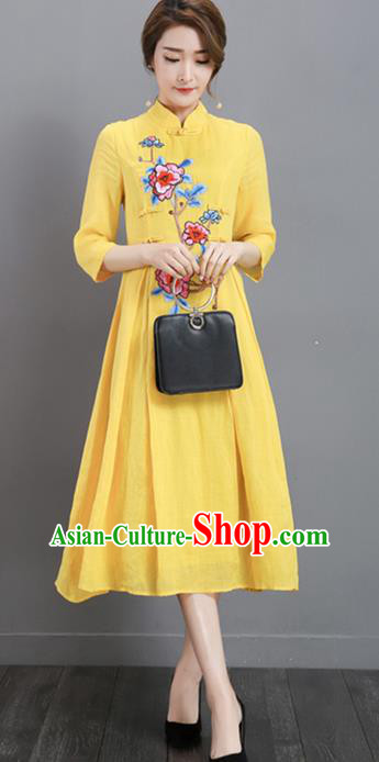 Traditional Chinese National Costume, Elegant Hanfu Mandarin Qipao Printing Peony Yellow Plated Buttons Dress, China Tang Suit Stand Collar Cheongsam Upper Outer Garment Elegant Dress Clothing for Women