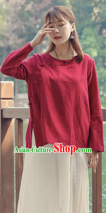 Traditional Chinese National Costume, Elegant Hanfu Linen Slant Opening Red T-Shirt, China Tang Suit Plated Buttons Chirpaur Blouse Round Collar Cheong-sam Upper Outer Garment Qipao Shirts Clothing for Women