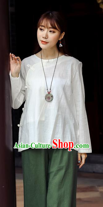 Traditional Chinese National Costume, Elegant Hanfu Linen Slant Opening White T-Shirt, China Tang Suit Plated Buttons Chirpaur Blouse Round Collar Cheong-sam Upper Outer Garment Qipao Shirts Clothing for Women