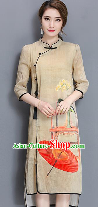 Traditional Ancient Chinese National Costume, Elegant Hanfu Mandarin Qipao Printing Stand Collar Khaki Dress, China Tang Suit Cheongsam Upper Outer Garment Elegant Dress Clothing for Women
