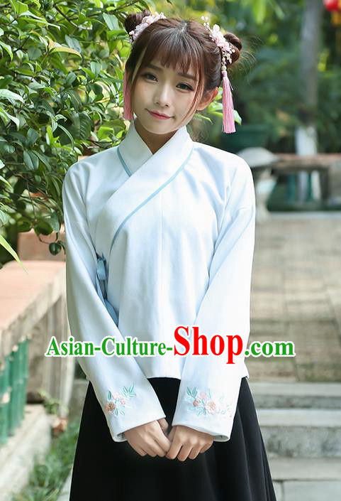 Traditional Chinese National Costume, Elegant Hanfu Embroidery Flowers Sleeve Slant Opening Blue T-Shirt, China Tang Suit Chirpaur Blouse Cheong-sam Upper Outer Garment Qipao Shirts Clothing for Women