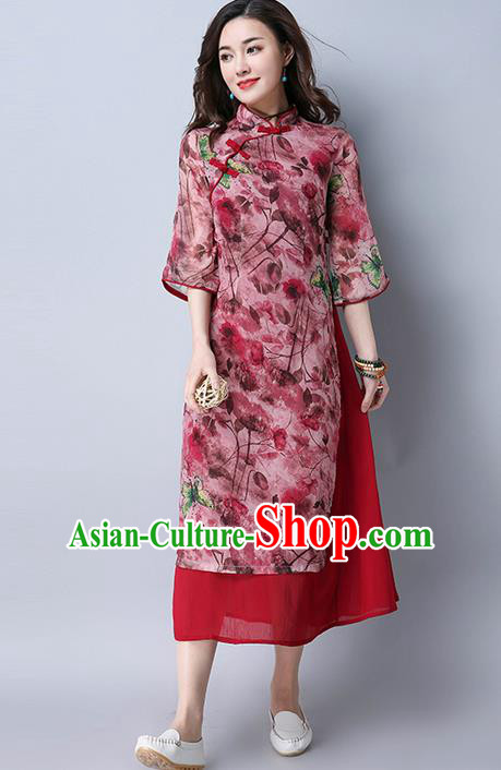 Traditional Ancient Chinese National Costume, Elegant Hanfu Mandarin Qipao Stand Collar Printing Red Dress, China Tang Suit Improved Cheongsam Upper Outer Garment Elegant Dress Clothing for Women
