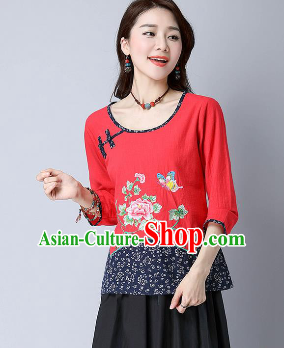Traditional Chinese National Costume, Elegant Hanfu Embroidery Flowers Round Collar Red T-Shirt, China Tang Suit Plated Buttons Chirpaur Blouse Cheong-sam Upper Outer Garment Qipao Shirts Clothing for Women