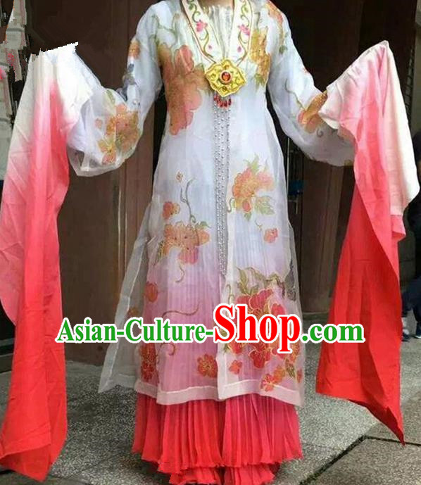Traditional Chinese Ancient Peking Opera Diva Long Water Sleeve Dancing Costume Complete Set, Classical Folk Dance Costume Drum Dance Clothing for Women