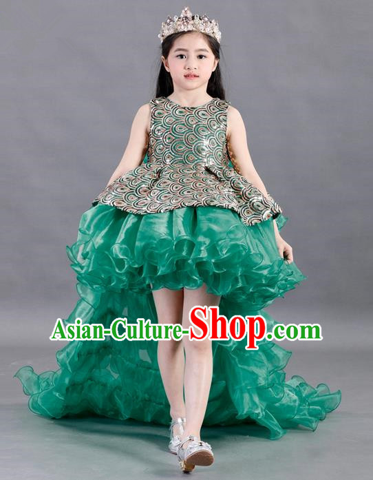 Traditional Chinese Modern Dancing Compere Costume, Children Opening Classic Chorus Singing Group Dance Paillette Uniforms, Modern Dance Classic Dance Green Trailing Dress for Girls Kids