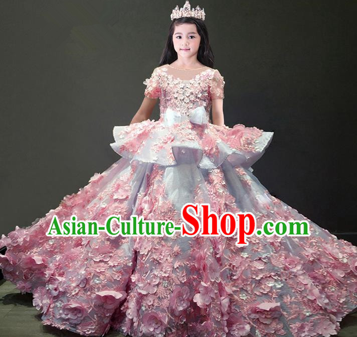Traditional Chinese Top Grade Modern Dancing Compere Performance Costume, Children Opening Classic Chorus Singing Group Dance Flowers Evening Dress, Modern Dance Classic Dance Green Trailing Dress for Girls Kids