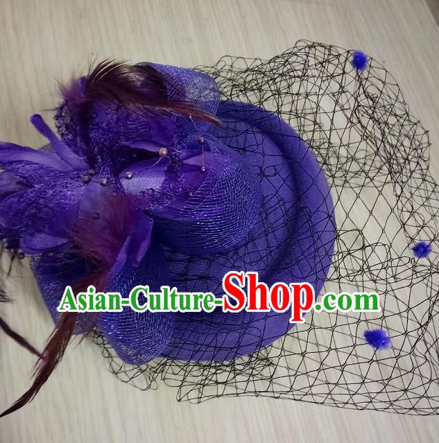 Top Grade Handmade Chinese Classical Hair Accessories, Children Baroque Style Headband Princess Purple Veil Top-hat, Hair Sticks Headwear Hats for Kids Girls