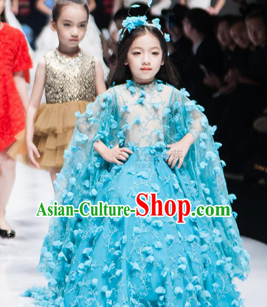 Traditional Chinese Modern Dancing Compere Performance Costume, Children Opening Classic Chorus Singing Group Dance Princess Blue Long Bubble Full Dress, Modern Dance Halloween Party Dress for Girls Kids