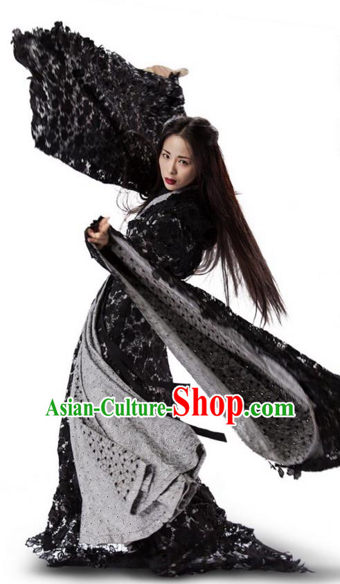 Traditional Ancient Chinese Elegant Female Swordsman Costume, Chinese Ancient Swordswoman Black Robe Dress, Cosplay Chinese Emprise Film Sword Master Chivalrous Expert Chinese Ming Dynasty Kawaler Hanfu Clothing for Women