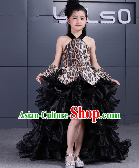 Top Grade Chinese Compere Performance Costume, Children Chorus Singing Group Black Veil Full Dress Modern Dance Leopard Trailing Bubble Short Dress for Girls Kids