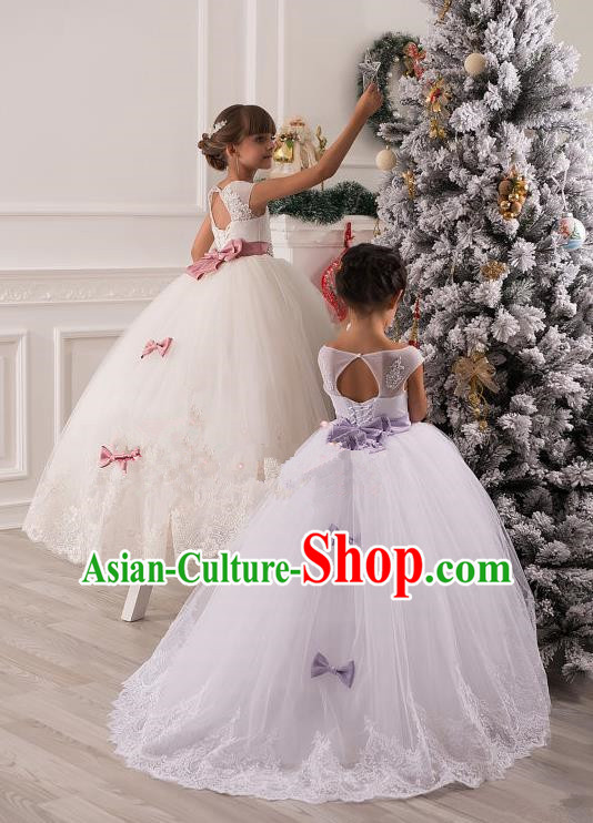 Top Grade Chinese Compere Professional Performance Catwalks Costume, Children Chorus Singing Group Bowknot Bubble Full Dress Modern Dance White Long Trailing Dress for Girls Kids