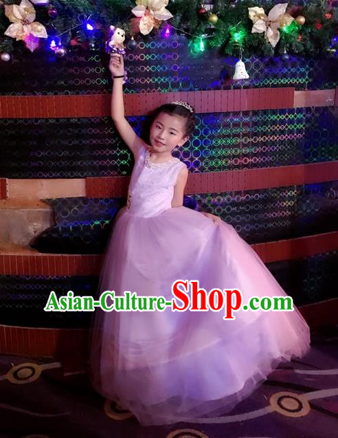 Top Grade Chinese Compere Professional Performance Catwalks Costume, Children Chorus Singing Group Bowknot Bubble Full Dress Modern Dance Purple Long Dress for Girls Kids