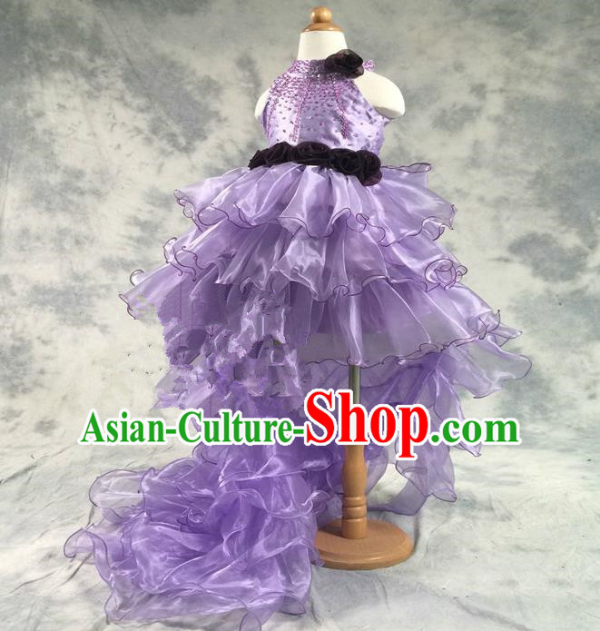 Top Grade Chinese Compere Professional Performance Catwalks Costume, Children Chorus Singing Group Purple Bubble Wedding Full Dress Modern Dance Little Princess Long Trailing Dress for Girls Kids