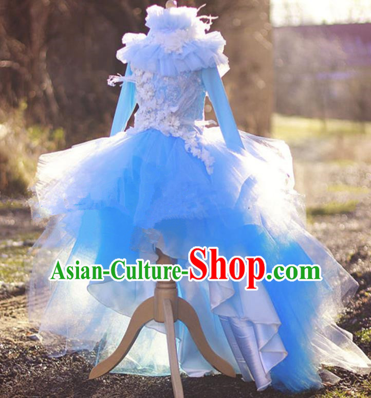 Top Grade Chinese Compere Professional Performance Catwalks Costume, Children Chorus Luxury Flower Fairy Blue Wedding Bubble Formal Dress Modern Dance Baby Princess Long Trailing Dress for Girls Kids
