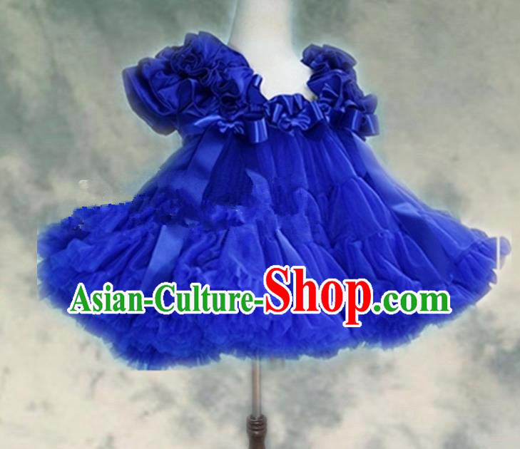 Top Grade Chinese Compere Professional Performance Catwalks Costume, Children Chorus Blue Bubble Formal Dress Modern Dance Baby Princess Veil Short Dress for Girls Kids
