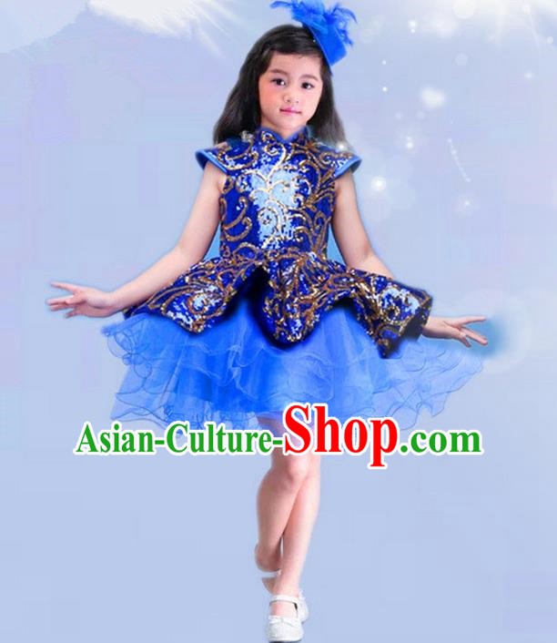 Top Grade Chinese Compere Professional Performance China Style Catwalks Costume, Children Chorus Luxury Blue Wedding Bubble Formal Dress Modern Dance Baby Princess Bubble Short Dress for Girls Kids