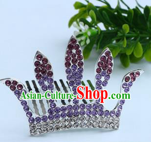 Top Grade Handmade Classical Hair Accessories, Children Baroque Style Purple Crystal Baby Princess Royal Crown Twist Inserted Comb Hair Comb Jewellery for Kids Girls