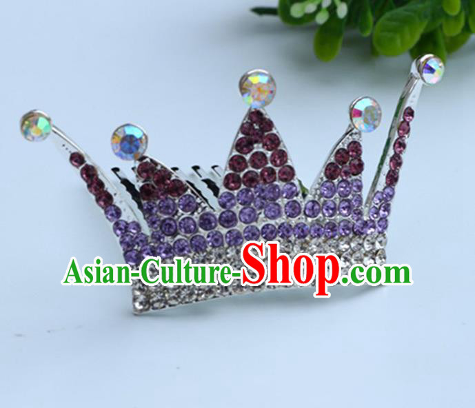Top Grade Handmade Classical Hair Accessories, Children Baroque Style Purple Crystal Baby Princess Little Royal Crown Twist Inserted Comb Hair Comb Jewellery for Kids Girls