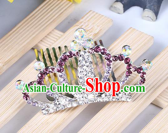 Top Grade Handmade Classical Hair Accessories, Children Baroque Style Purple Crystal Baby Princess Little Alloy Royal Crown Twist Inserted Comb Hair Comb Jewellery for Kids Girls