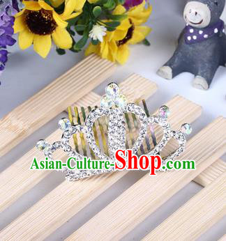 Top Grade Handmade Classical Hair Accessories, Children Baroque Style White Crystal Baby Princess Little Alloy Royal Crown Twist Inserted Comb Hair Comb Jewellery for Kids Girls