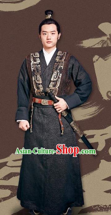 Traditional Ancient Chinese Housecarl Costume and Handmade Headpiece Complete Set, Chinese Television Concubine Meng Comes Across Knight Tang Dynasty Imperial Bodyguard Clothing for Men