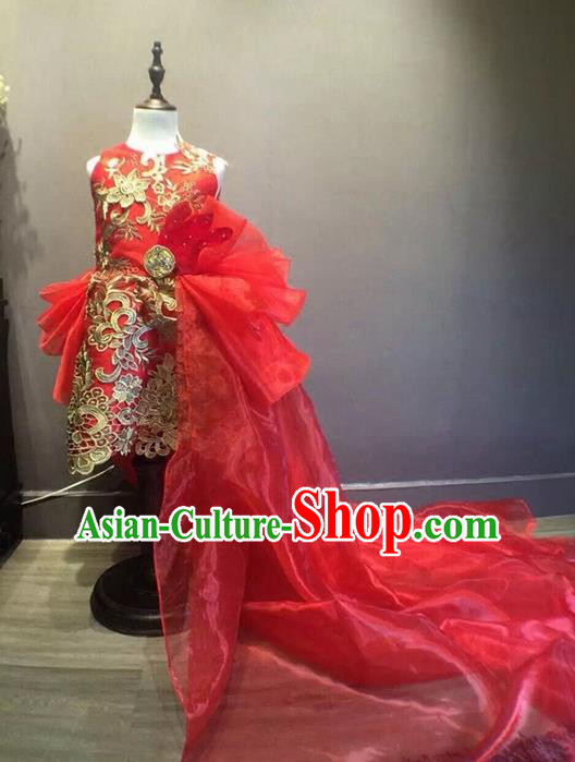 Top Grade Compere Professional Performance Catwalks Costume, Children Chorus China Style Tang Suit Red Bubble Formal Dress Modern Dance Baby Princess Modern Fancywork Long Trailing Dress for Girls Kids