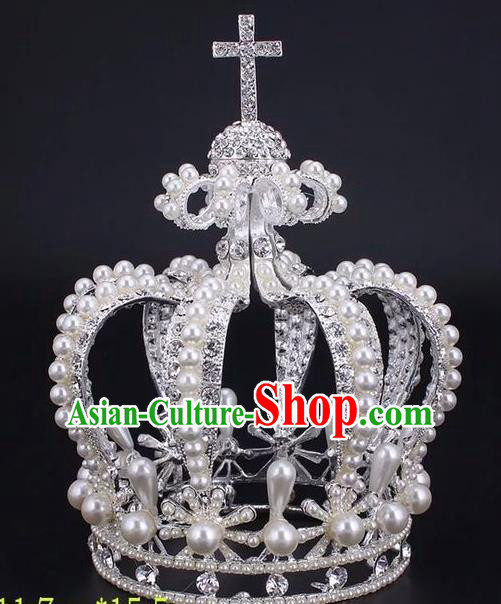 Top Grade Handmade Classical Hair Accessories, Children Baroque Style Wedding Silver Pearl Royal Crown Hair Jewellery Hair Clasp for Kids Girls