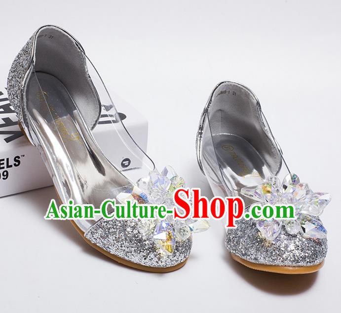 Top Grade Handmade Classical Crystal Dance Shoes, Children Baroque Style Wedding Princess silver Dance Shoes for Girls
