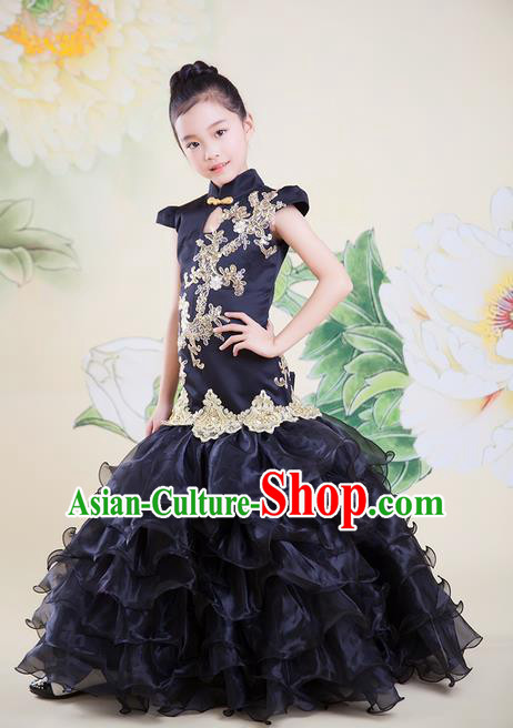 Top Grade Professional Compere Performance China Style Catwalks Costume, Children Chorus Singing Group Black Cheongsam Full Dress Modern Dance Fishtail Dress for Girls Kids