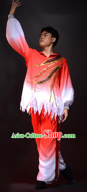 Traditional Chinese Classical Dance Yangge Lion Dance Costume, Folk Dance Drum Dance Uniform Yangko Red Clothing Complete Set for Men
