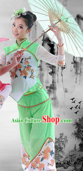 Traditional Chinese Classical Dance Yangge Fan Dancing Umbrella Dance Costume, Folk Dance Drum Dance Uniform Yangko Green Clothing Complete Set for Women