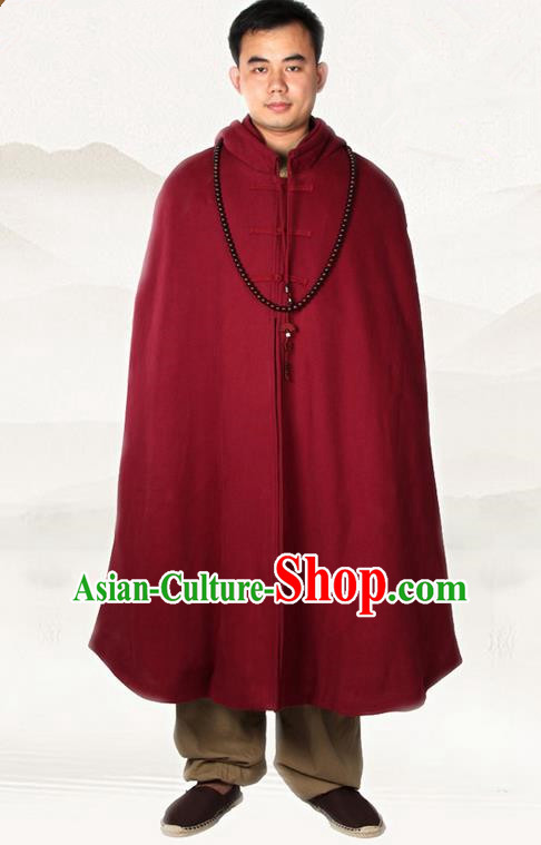 Top Kung Fu Costume Martial Arts Wine Red Cloak Pulian Clothing, Tai Ji Mantle Gongfu Shaolin Wushu Tai Chi Meditation Cape for Men