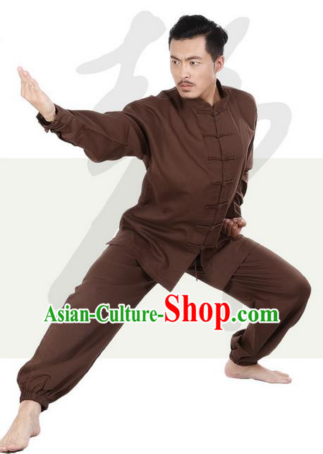 Top Grade Kung Fu Costume Martial Arts Coffee Linen Suits Pulian Zen Clothing, Training Costume Tai Ji Meditation Uniforms Gongfu Wushu Tai Chi Plated Buttons Clothing for Men