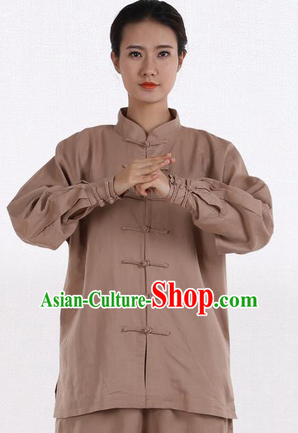 Top Grade Kung Fu Costume Martial Arts Khaki Linen Suits Pulian Zen Clothing, Training Costume Tai Ji Meditation Uniforms Gongfu Wushu Tai Chi Plated Buttons Clothing for Women