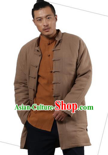 Traditional Chinese Kung Fu Costume Martial Arts Linen Plated Buttons Cotton-padded Coats Pulian Clothing, China Tang Suit Khaki Jacket Tai Chi Meditation Upper Outer Garment for Men