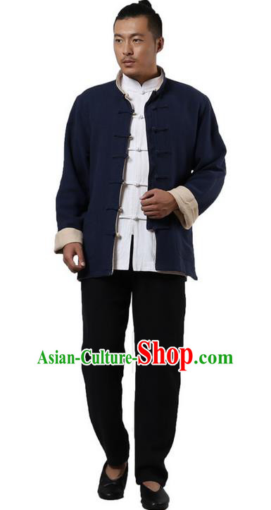 Traditional Chinese Kung Fu Costume Martial Arts Linen Double Side Coats Pulian Clothing, China Tang Suit Tai Chi Overcoat Beige and Navy Jackets for Men