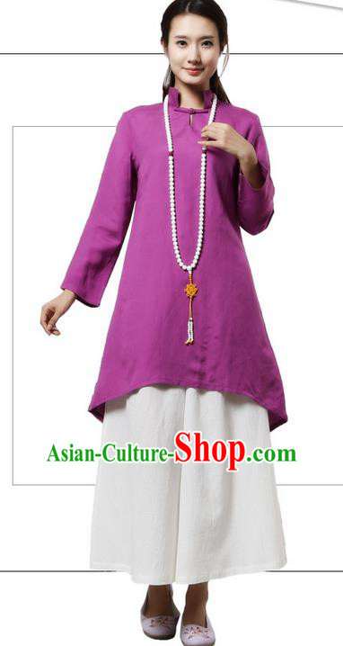 Top Chinese Traditional Costume Tang Suit Linen Qipao Dress, Pulian Clothing China Republic of China Cheongsam Upper Outer Garment Purple Dress for Women