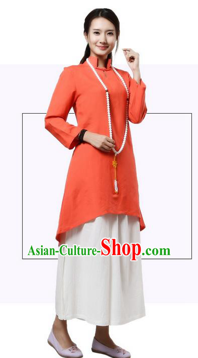 Top Chinese Traditional Costume Tang Suit Linen Qipao Dress, Pulian Clothing China Republic of China Cheongsam Upper Outer Garment Orange Dress for Women